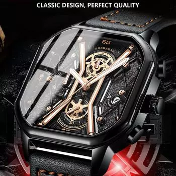 POEDAGAR квадратный циферблат кожа кварцевые деловые часы модные мужские наручные часы роскошный хронограф светящиеся водонепроницаемые часы с датой серебряный/чёрный