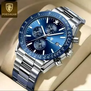 POEDAGAR Luxury Men Watch Fashion Chronograph Waterproof Luminous Date Stainless Steel Quartz Watch синий