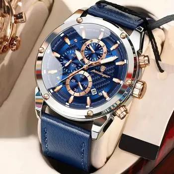 POEDAGAR Men Watch Fashion Chronograph Leather Quartz Watches Waterproof Luminous Sport Men s Wristwatch Six Needle Watch синий