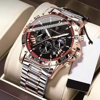 POEDAGAR Men Watches Stainless Steel Fashion Rose Gold Wristwatch Waterproof Luminous Quartz Chronograph Watches красный/розового золота