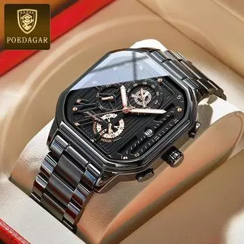 POEDAGAR Многофункциональные часы-хронограф для мужчин, спортивный стиль, квадратные, из нержавеющей стали, водонепроницаемые, кварцевые наручные часы с календарем чёрный/золотой