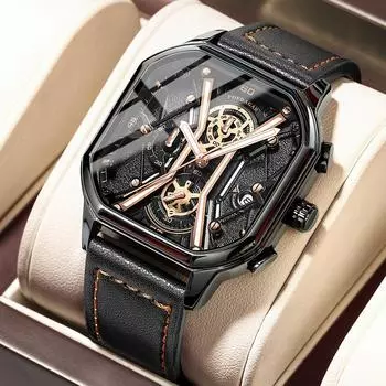 POEDAGAR модные мужские наручные часы роскошный хронограф светящиеся водонепроницаемые мужские часы с квадратным циферблатом кожаные кварцевые мужские часы золотой/чёрный