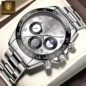 POEDAGAR Мужские часы кварцевые водонепроницаемые светящиеся роскошные спортивные хронографы с фазами Луны мужские наручные часы с ремешком из нержавеющей стали/силиконовым ремешком Silicone Strap чёрный
