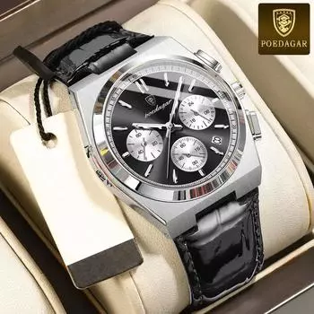 POEDAGAR мужские часы водонепроницаемые светящиеся хронограф дата кварцевые часы для мужчин военные спортивные кожаные роскошные модные мужские часы серебряный/синий