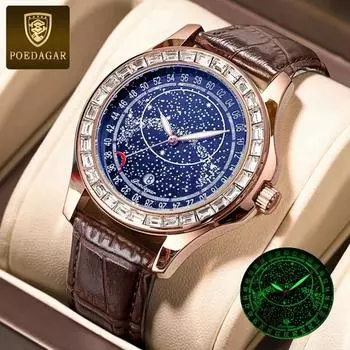 POEDAGAR Мужские модные кожаные кварцевые часы Starry Sky Diamond Style Водонепроницаемые светящиеся роскошные спортивные синие наручные часы синий/коричневый
