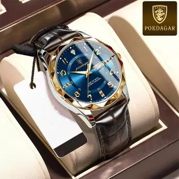 POEDAGAR Мужские наручные часы класса люкс Бизнес Светящиеся мужские черные часы с датой и неделей для мужчин Кварцевые часы Кожаные часы синий/золотистый