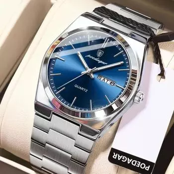 POEDAGAR Новые мужские деловые кварцевые часы модные наручные часы спортивные водонепроницаемые светящиеся дата неделя мужские часы из нержавеющей стали золотой