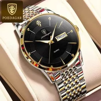 POEDAGAR Новые роскошные мужские часы с коробкой, ультратонкие водонепроницаемые светящиеся мужские кварцевые часы