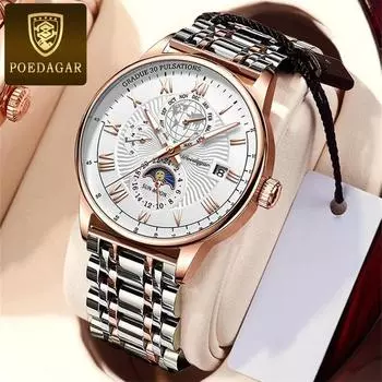 POEDAGAR новые роскошные мужские часы с коробкой, водонепроницаемые мужские кварцевые часы со светящимся календарем