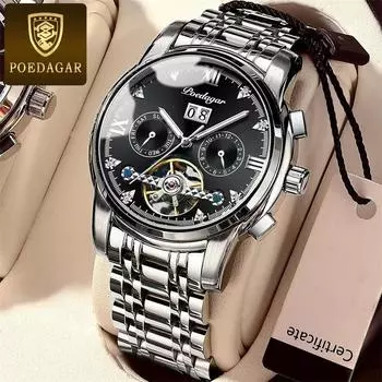 POEDAGAR Новые роскошные мужские часы с коробкой-календарем, автоматические водонепроницаемые многофункциональные полые светящиеся мужские механические часы