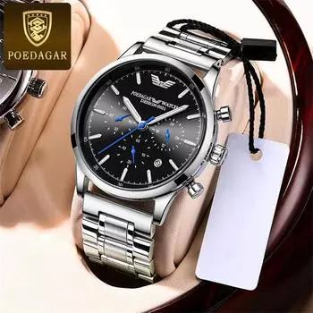 POEDAGAR новые роскошные мужские часы с коробкой, многофункциональные водонепроницаемые мужские кварцевые часы со светящимся календарем