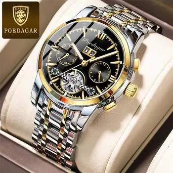 POEDAGAR Новые роскошные мужские часы высшего бренда с коробкой, водонепроницаемые модные светящиеся мужские механические часы