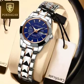 POEDAGAR Новые роскошные женские часы с коробкой, водонепроницаемые светящиеся женские кварцевые часы с двойным календарем