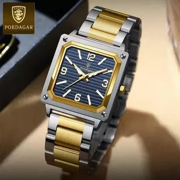 POEDAGAR Повседневный дизайн мужские квадратные деловые кварцевые наручные часы водонепроницаемые светящиеся мужские часы из нержавеющей стали Relogio Masculino синий/золотой
