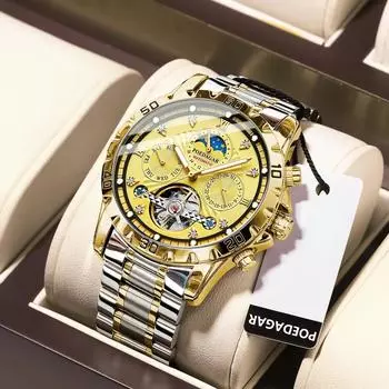 POEDAGAR роскошные автоматические механические часы турбийон водонепроницаемые светящиеся дата неделя мужские наручные часы из нержавеющей стали мужские часы