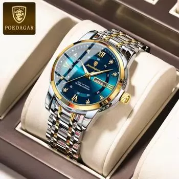 POEDAGAR Роскошные часы для мужчин Бизнес Элегантные мужские часы Дата Неделя Водонепроницаемые Светящиеся кварцевые мужские часы из нержавеющей стали серебряный/синий