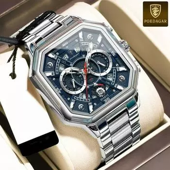 POEDAGAR Роскошные часы для мужчин Дата Нержавеющая сталь Мужские наручные часы Водонепроницаемые светящиеся хронограф военные мужские кварцевые часы серебряный/синий