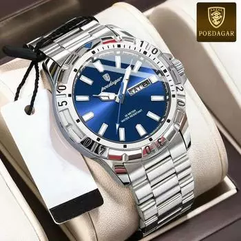 POEDAGAR Роскошные часы для мужчин военные спортивные мужские кварцевые часы водонепроницаемые светящиеся дата неделя мужские часы из нержавеющей стали серебряный/синий