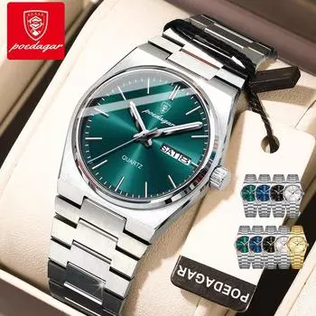 POEDAGAR Роскошные часы для женщин, элегантные кварцевые часы, водонепроницаемые, светящиеся, с датой и неделей, женские часы из нержавеющей стали синий/серебряный