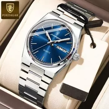 POEDAGAR Роскошные часы для женщин Элегантные кварцевые часы Водонепроницаемые светящиеся женские часы из нержавеющей стали с указателем даты и недели синий/серебряный