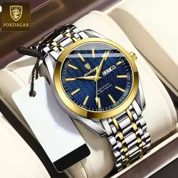 POEDAGAR Роскошные деловые мужские часы для мужчин Водонепроницаемые светящиеся кварцевые часы из нержавеющей стали с датой и неделей синий/серебряный