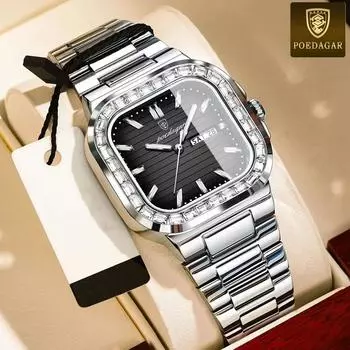 POEDAGAR Роскошные квадратные часы для мужчин Водонепроницаемые светящиеся мужские часы с датой и неделей из нержавеющей стали Повседневные модные кварцевые мужские часы золотой
