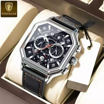 POEDAGAR Роскошные квадратные мужские часы с хронографом, водонепроницаемые, светящиеся, с датой, мужские спортивные кожаные кварцевые часы розового золота/чёрный