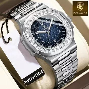 POEDAGAR Роскошные квадратные мужские наручные часы с бриллиантовым циферблатом, светящиеся водонепроницаемые мужские часы с датой из нержавеющей стали, мужские кварцевые часы, повседневные мужские часы синий