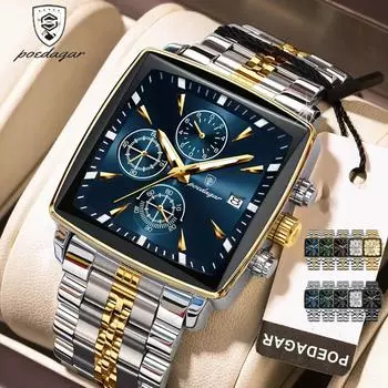 POEDAGAR Роскошные квадратные спортивные мужские наручные часы Водонепроницаемые светящиеся кварцевые мужские часы из нержавеющей стали серебряный/синий