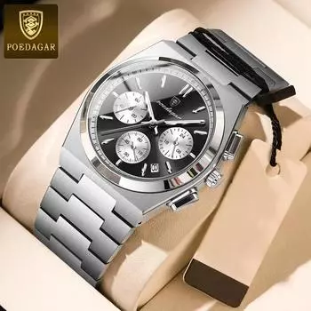 POEDAGAR Роскошные модные мужские часы Водонепроницаемые светящиеся кварцевые часы с хронографом и датой для мужчин Военные спортивные мужские часы из нержавеющей стали синий/серебряный