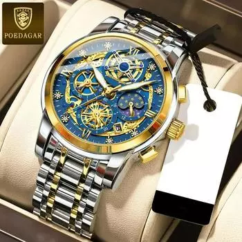 POEDAGAR Роскошные модные мужские часы водонепроницаемые светящиеся мужские наручные часы с датой из нержавеющей стали кварцевые мужские часы с хронографом серебряный/синий