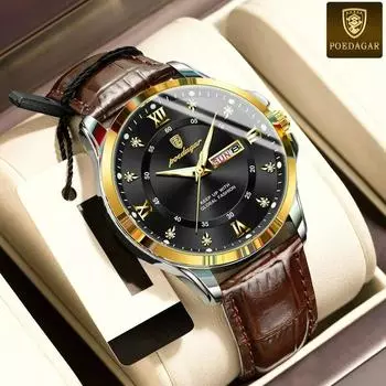 POEDAGAR Роскошные модные мужские часы водонепроницаемые светящиеся спортивные мужские наручные часы с датой недели кожаные мужские кварцевые часы синий/золотой