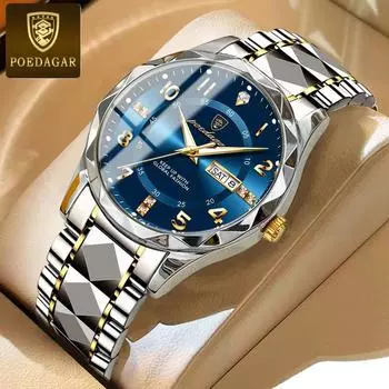 POEDAGAR роскошные мужские часы бизнес топ бренд мужские наручные часы водонепроницаемые светящиеся дата неделя кварцевые мужские часы синий/серебряный