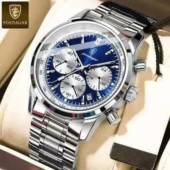 POEDAGAR Роскошные мужские часы с хронографом, водонепроницаемые, светящиеся, с датой, из нержавеющей стали, кварцевые часы для мужчин, военные мужские часы синий/серебряный