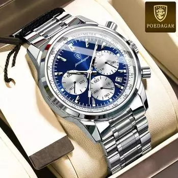 POEDAGAR Роскошные мужские часы водонепроницаемые хронограф светящиеся наручные часы из нержавеющей стали мужские кварцевые часы повседневные часы синий/серебряный