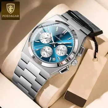 POEDAGAR роскошные мужские кварцевые часы спортивные военные часы для мужчин водонепроницаемые светящиеся дата хронограф из нержавеющей стали мужские часы серебряный/синий