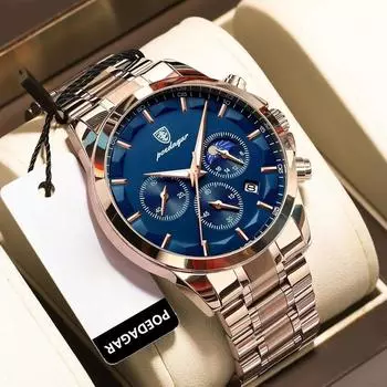 POEDAGAR роскошные мужские наручные часы бизнес военные водонепроницаемые светящиеся часы-хронограф из нержавеющей стали кварцевые часы синий/золотой