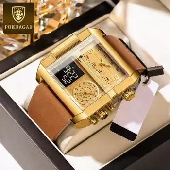 POEDAGAR роскошные мужские наручные часы прямоугольные водонепроницаемые светящиеся мужские часы с индикацией дня и недели цифровые многофункциональные мужские часы кварцевые Reloj золотой/чёрный