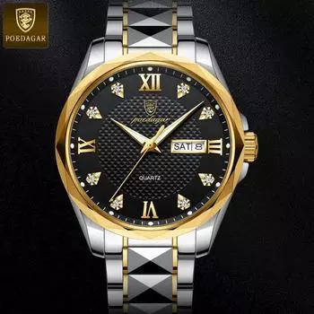POEDAGAR Роскошные мужские наручные часы спортивные мужские часы из нержавеющей стали водонепроницаемые светящиеся мужские часы с датой и неделей деловые кварцевые часы серебряный/синий