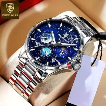 POEDAGAR роскошные мужские наручные часы светящиеся водонепроницаемые хронограф дата мужские часы из нержавеющей стали/кожаный ремешок мужские кварцевые часы Leather Strap синий/серебряный