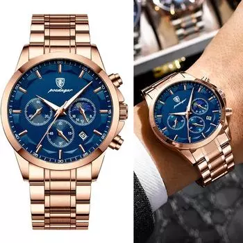POEDAGAR Роскошные мужские наручные часы, светящиеся водонепроницаемые, хронограф, дата, мужские часы из нержавеющей стали, мужские кварцевые часы синий/розового золота