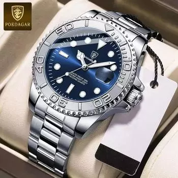 POEDAGAR роскошные мужские наручные часы светящиеся водонепроницаемые мужские часы с датой из нержавеющей стали мужские кварцевые часы повседневные мужские часы синий/серебряный