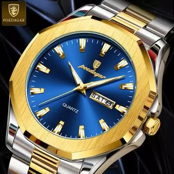 POEDAGAR Роскошные мужские наручные часы водонепроницаемые светящиеся еженедельные даты оригинальные мужские часы из нержавеющей стали спортивные кварцевые мужские часы серебряный/синий