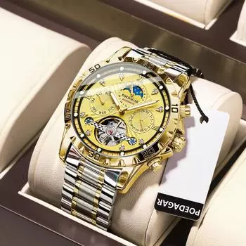 POEDAGAR Роскошные мужские золотые автоматические механические часы с фазой Луны и турбийоном наручные часы с автоматической датой и неделей из нержавеющей стали золотой