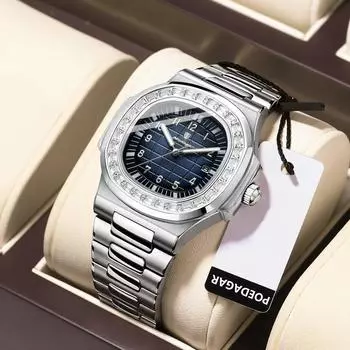 POEDAGAR Роскошные наручные часы Diamond Square с подсветкой, водонепроницаемые, мужские часы с автоматической датой, повседневные кварцевые часы из нержавеющей стали синий/серебряный