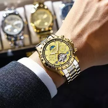POEDAGAR Роскошные наручные часы с полым турбийоном и фазой Луны для мужчин, золотые автоматические механические часы с автоматической датой и неделей, часы из нержавеющей стали золотой