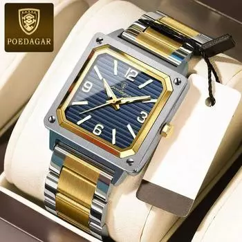 POEDAGAR роскошные военные наручные часы квадратные кварцевые мужские часы водонепроницаемые светящиеся мужские часы из нержавеющей стали синий/золотой