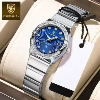 POEDAGAR Роскошные женские наручные часы с бриллиантами, водонепроницаемые, светящиеся, с датой, из нержавеющей стали, кварцевые часы для женщин синий