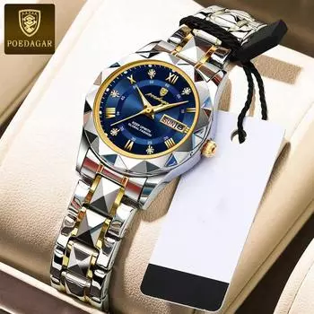 POEDAGAR роскошные женские наручные часы с подсветкой, водонепроницаемые, с датой недели, женские наручные часы из нержавеющей стали, кварцевые часы для женщин синий/серебряный