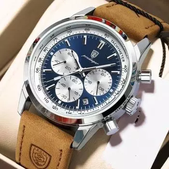 POEDAGAR Sprots Мужские часы Водонепроницаемые хронограф Светящиеся наручные часы для мужчин Кварцевые кожаные мужские часы чёрный